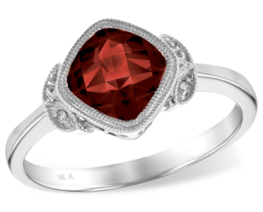 A vintage-inspired garnet ring from Allison Kaufman, available at Pucci’s Jewelers.