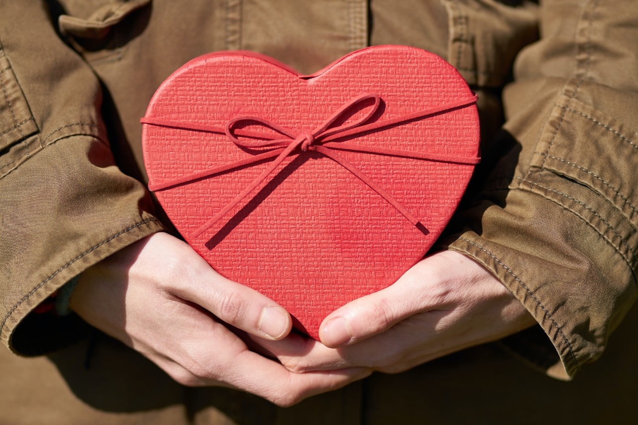 a close-up of a pair of hands holding a red heart-shaped box