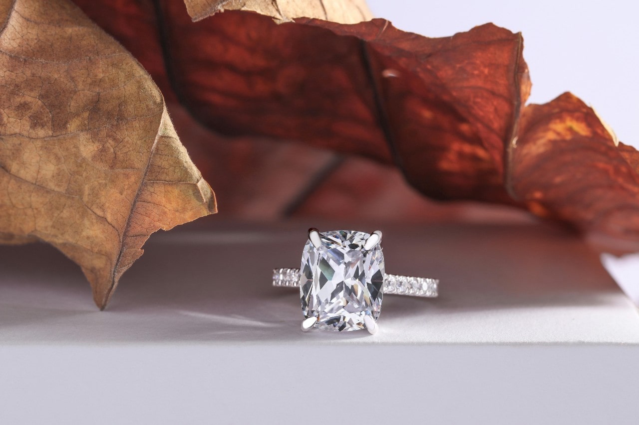 an engagement ring with a large center stone sitting under brown leaves