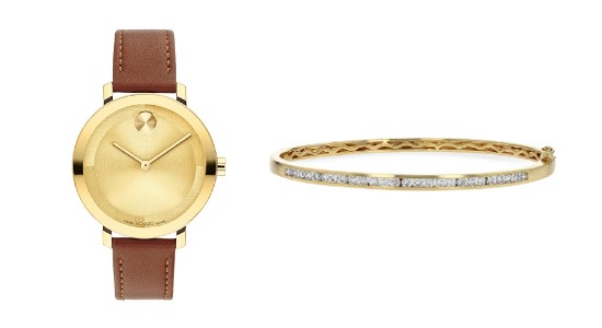 a yellow gold watch with a brown leather strap next to a yellow gold bangle bracelet