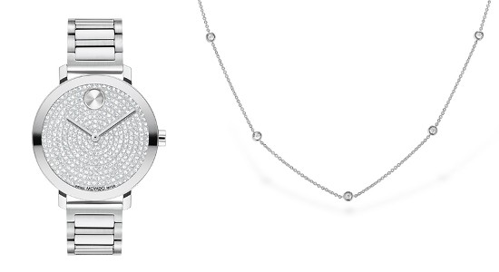 a white gold watch with a diamond dial next to a diamond station necklace