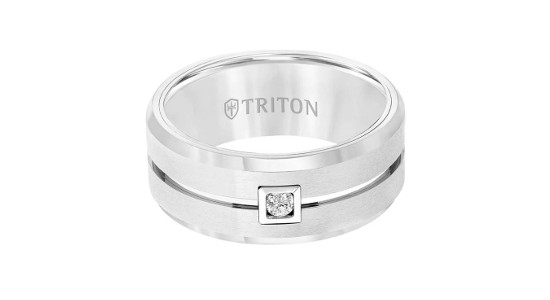 a White Tungsten Carbide men’s wedding band with a single, round cut diamond