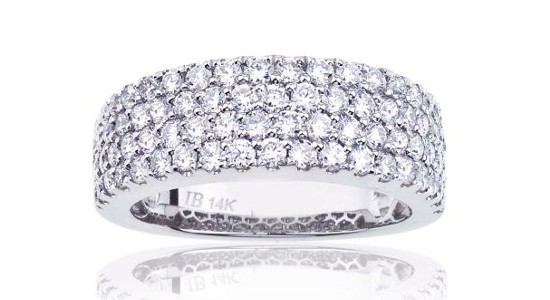 a white gold wedding band with four rows of round cut diamonds