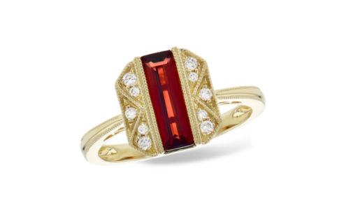 A distinctive yellow gold and garnet cocktail ring from Allison-Kauffman, available at Pucci’s Jewelers.